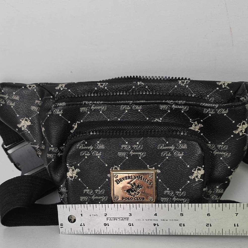 Beverly Hills Polo Club Black‎ Patterned Belt Bag Faux Leather Zip Pockets - Picture 7 of 7